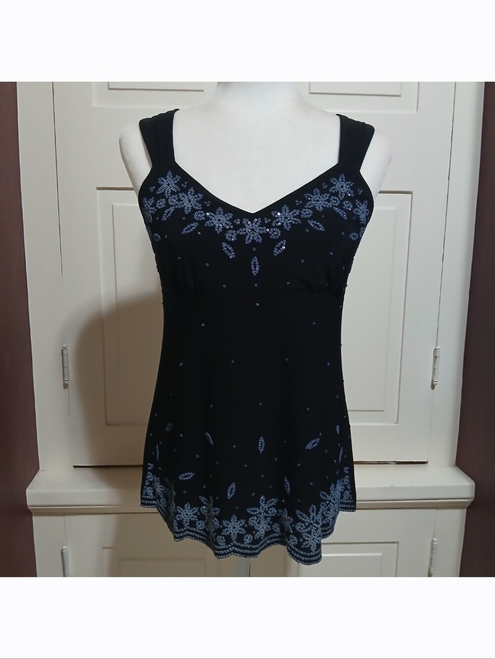 Vintage 90's Y2K R & K Evening Size PM Petite M Black Sequins Bead Tank Top